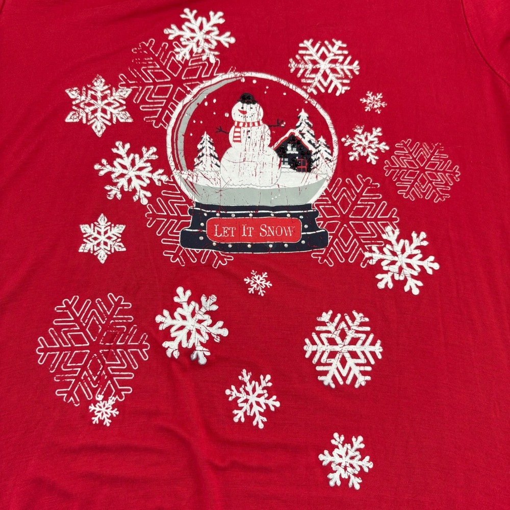 Rebecca Malone Snowman Globe Top Long Sleeve Holiday Christmas Red L